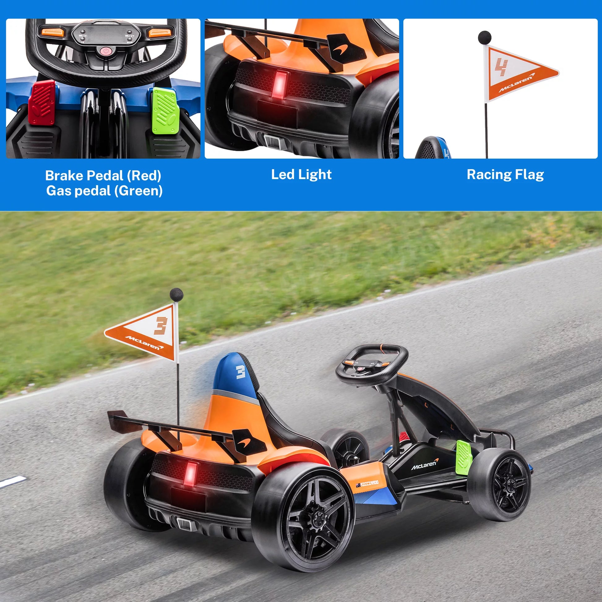 Licensed Mclaren Kids Go Kart, 24V Battery Powered Ride on Car Toy with Bluetooth Function, Safety Belt, LED Lights, Two-Mode Electric Go Cart, Drift Racer Car for Boys Girls