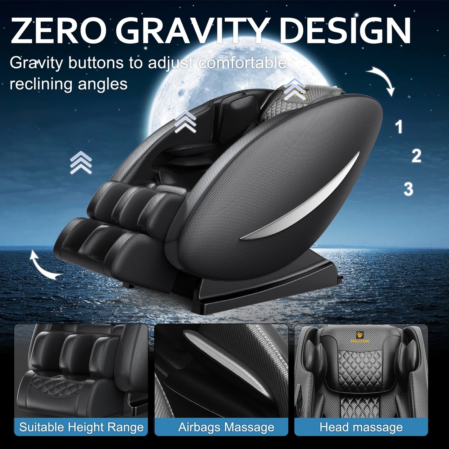 Massage Chair Recliner Neck Massager with Zero Gravity Heating and Bluetooth Functions (Black)